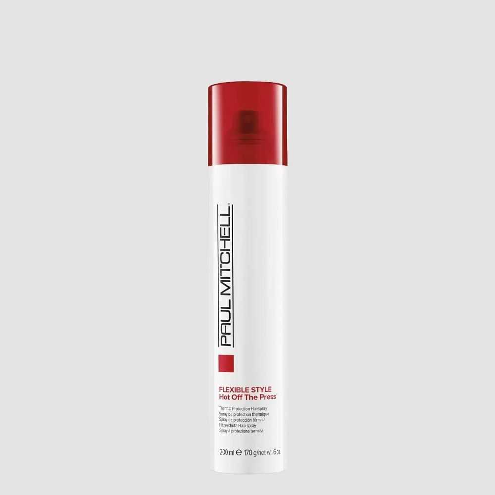 Bottle of Paul Mitchell hairspray, red cap, white background.